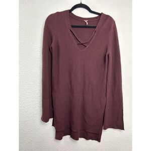 Free People Boho Mocha Brown Criss Cross Side Slit Knit Sweater Tunic Size Small